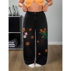 Shein Curve Bohemian Black Floral Embroidered Wide Leg Jeans XL